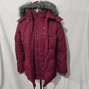 Free Country Power Down Series Double Zip Burgundy Coat Puffer Hood Faux Fur S